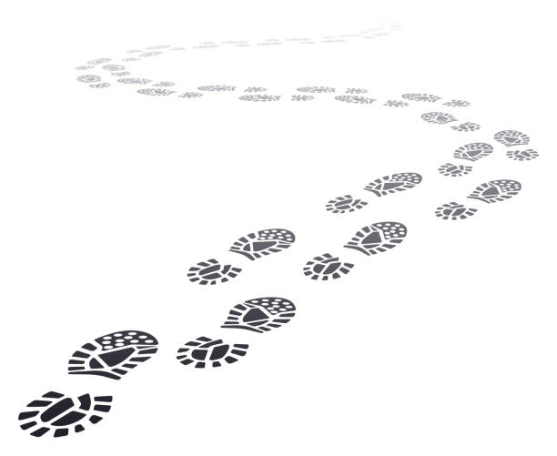 Walking far footprints. Outgoing footsteps perspective trail, walk away human foot steps silhouette, shoe steps track vector illustration Walking far footprints. Outgoing footsteps perspective trail, walk away human foot steps silhouette, shoe steps track vector illustration. Imprint track walk, footprint black trail footprint stock illustrations