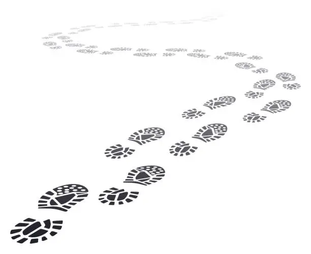 Vector illustration of Walking far footprints. Outgoing footsteps perspective trail, walk away human foot steps silhouette, shoe steps track vector illustration