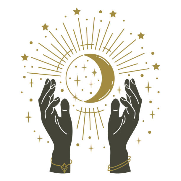 Magic hands holding moon. Hand drawn mystical arms with moon, magical symbol, witchcraft mystic arms holding moon and stars vector illustration Magic hands holding moon. Hand drawn mystical arms with moon, magical symbol, witchcraft mystic arms holding moon and stars vector illustration. Magic vintage, human hands mysticism magician illustrations stock illustrations