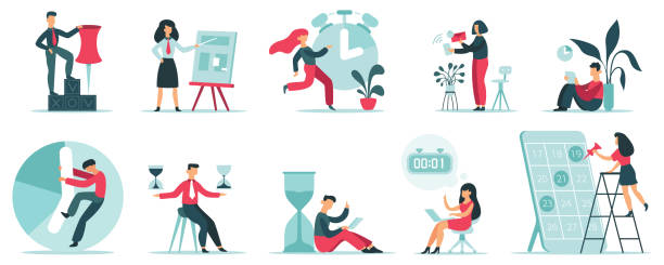 ilustraciones, imágenes clip art, dibujos animados e iconos de stock de planificación de horarios. estrategia de cronometraje de trabajo, horario de planificación de personas de oficina, conjunto de ilustración vectorial de gestión del tiempo productivo - deadline urgency calendar women