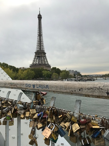 Love locks secured to bridge with keys thrown in Seinne River in the City of Love