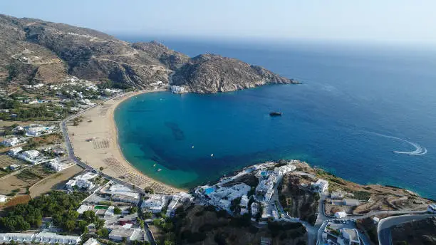 Photo of Mylopotas on the island of Ios in the Cyclades in Greece as seen from the sky