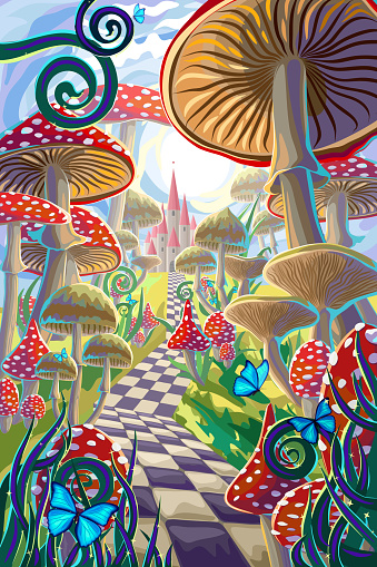fantastic landscape with mushrooms, beautiful old castle and butterflies.