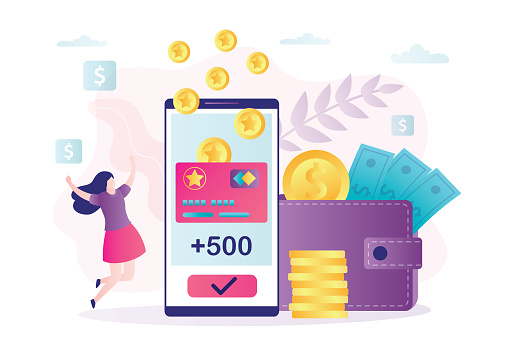 Female character rejoices in new accrued bonuses. Loyalty program, woman customer get rewards. Earn points concept. Phone screen with cashback and bonus card.Banner in trendy style.Vector illustration
