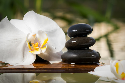 Black zen stones and white orchids on a wooden plank on the surface of the water. SPA, relaxation, meditation concept.