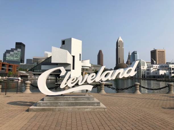 The Pier in Downtown Cleveland This famous sign is one of the most popular places in Cleveland and it has the downtown skyline in the background. cleveland ohio stock pictures, royalty-free photos & images