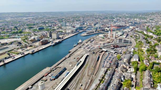 Aerial View Of Cork City Drone shot of Cork City with views up the River Lee. county cork stock pictures, royalty-free photos & images