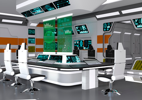 3D rendering of a futuristic sceince fiction control center