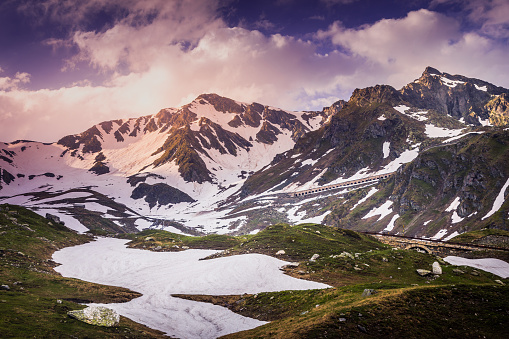 Great St Bernard Pass snowcapped landscape, going up Aosta Valley – Switzerland and Italy border