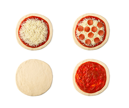 Isolated steps to make a pepperoni pizza with raw dough, tomato sauce, mozzarella cheese, and pepperoni toppings on white background.