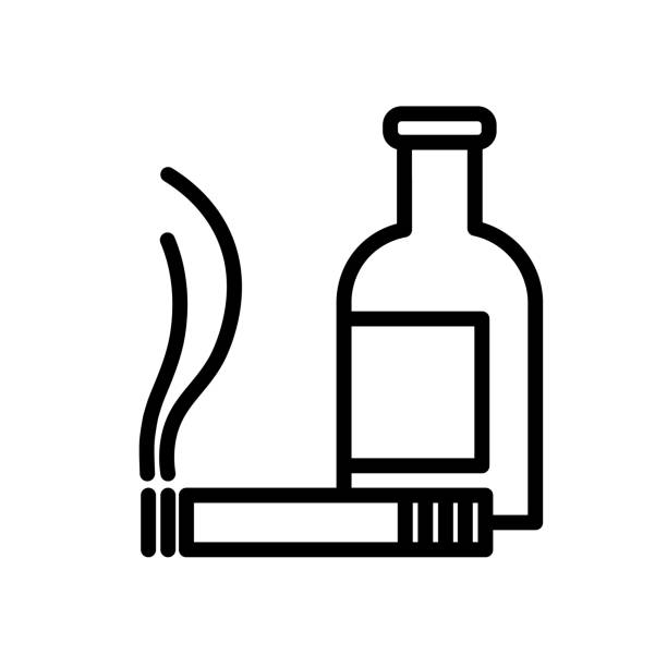 Smoking and drinking simple black and white outline icon. Bottle and cigarette. Flat vector illustration. Isolated on white. Smoking and drinking simple black and white outline icon. Bottle and cigarette. Flat vector illustration. Isolated on white background. alcohol and tobacco stock illustrations