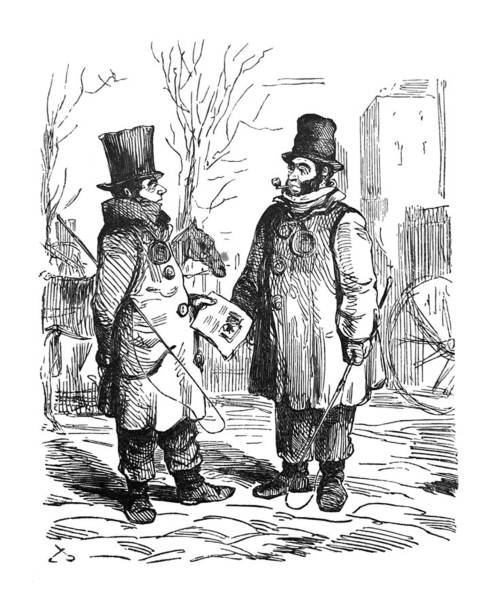 istock British satire comic cartoon caricatures illustrations - Two carriage drivers standing in the street talking 1257610271