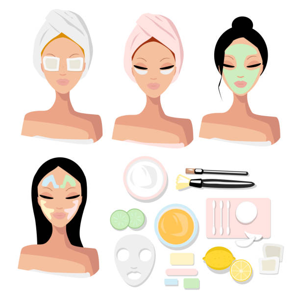 ilustrações de stock, clip art, desenhos animados e ícones de vector set portrait of a girls with beauty procedures - facial mask spa treatment cucumber human face