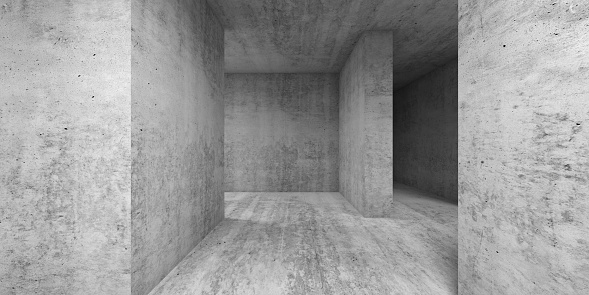 Empty gray concrete room interior. Abstract architectural background, 3d render illustration