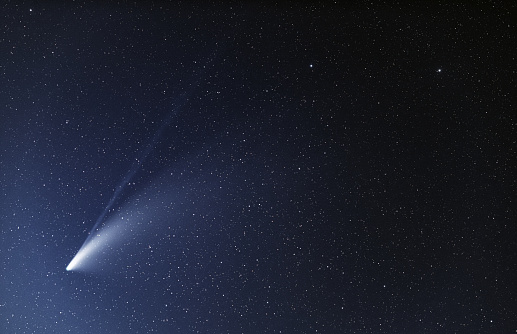 Comet NEOWISE shines with with a thin ion tail & wider dust tail. The comet was discovered on March 27, 2020 by astronomers using the NEOWISE space telescope.