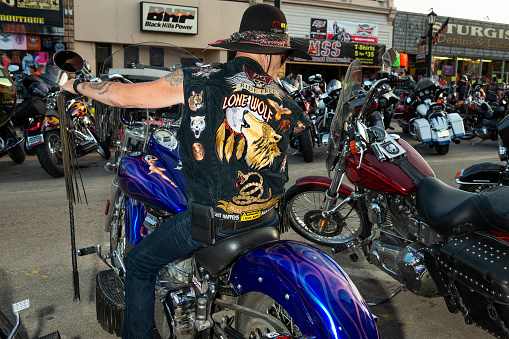 Sturgis, South Dakota - August 9, 2014: A byker parking his chopper motorcycle in the main street of the city of Sturgis, during the annual Sturgis Motorcycle rally.