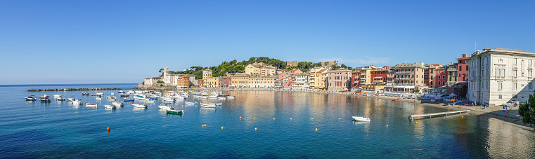 panoramic aerial view of the Bay of Silence in Sestri Levante, with many colored houses