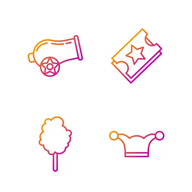 Vector illustration of Set line Jester hat with bells, Cotton candy, Cannon and Ticket. Gradient color icons. Vector