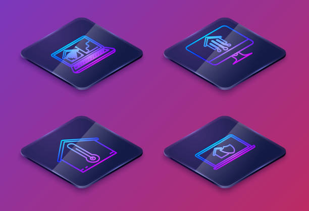 istock Set Isometric line Laptop with smart home with wi-fi, House temperature, Computer monitor with smart home and Laptop with house under protection. Blue square button. Vector 1257626157