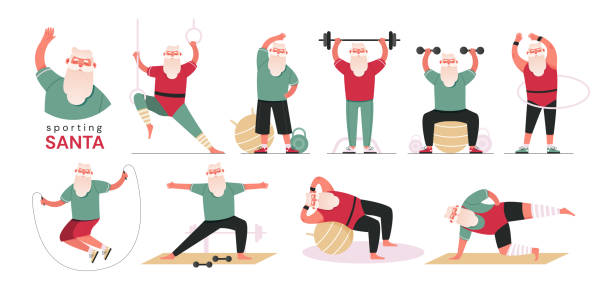 Santa Claus doing aerobic and fitness exercises Santa Claus doing aerobic and fitness exercises in the gym, wearing red sport uniform, set of flat vector illustrations cartoon of the older people exercising gym stock illustrations