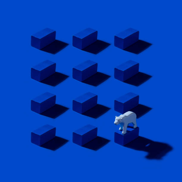 Geometric pattern with blocks and polar bear on ocean blue background. Save the Arctic and Global warming concept