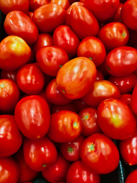 Top view of red tomatoes background. Group of tomatoes arranged in a supermarket rack. stock photo
