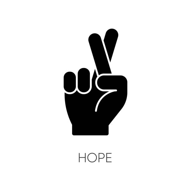 Hope black glyph icon Hope black glyph icon. Crossed fingers for luck. Optimistic outlook. Positive mental attitude. Good expectation. Promise for possibility. Silhouette symbol on white space. Vector isolated illustration fingers crossed illustrations stock illustrations