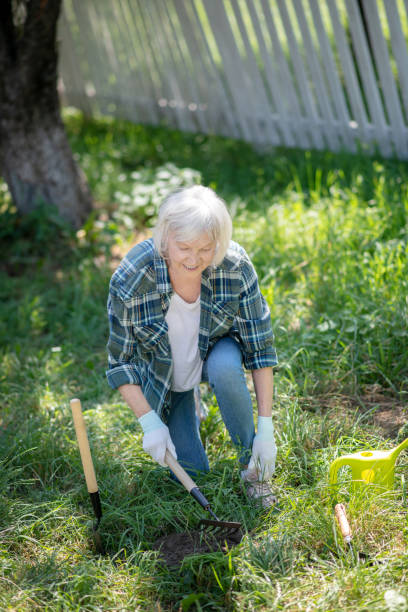 mulher ativa trabalhando com um ancinho em seu jardim - planting clothing gray hair human age - fotografias e filmes do acervo