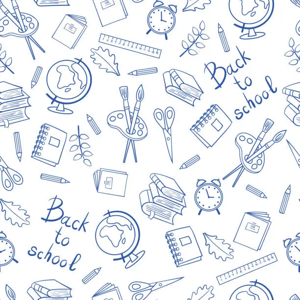 Vector illustration of Seamless pattern on a school theme, blue outline on a white background.