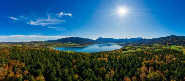 tegernsee lake in the bavarian alps. aerial panorama. autumn. germany. - lake tegernsee imagens e fotografias de stock