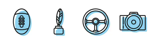 Vector illustration of Set line Steering wheel, American Football ball, Feather and inkwell and Photo camera icon. Vector