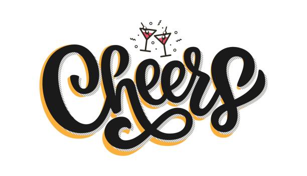 cheers hand gezeichnet schriftzug typografie und cocktails. vektor-illustration isoliert auf weißem hintergrund. design-vorlage für banner, karte, poster, druck, logo, abzeichen - symbol art design paintbrush stock-grafiken, -clipart, -cartoons und -symbole