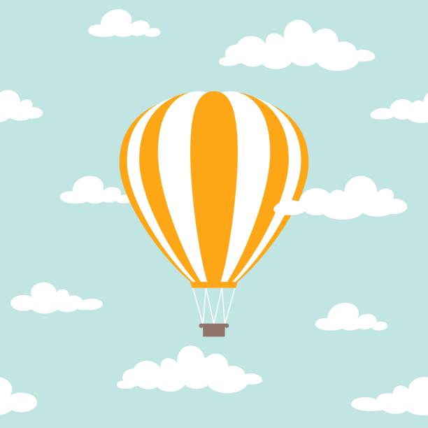 Orange hot air balloon flying in the powder blue sky with clouds. Orange hot air balloon flying in the powder blue sky with clouds. Flat cartoon design. Vector background. Fantasy and freedom symbol. balloon symbols stock illustrations