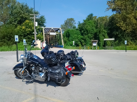 St Louis USA - September 2 2015; Two Harley Davidson motorcycles parked by Chain of Rocks Bridge Route 66 St Louis Missouri USA