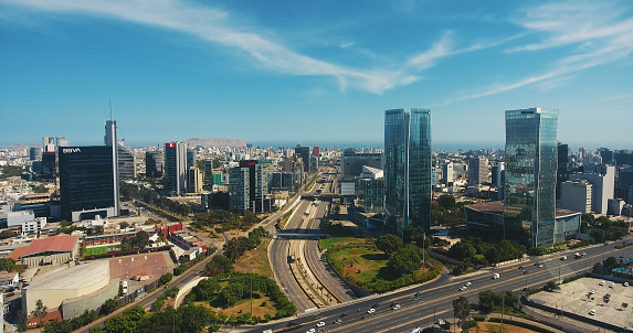 Aerial Panoramic view of San Isidro financial district in Lima, Peru during the summer