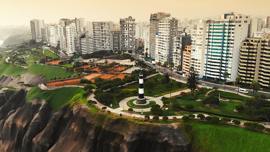 Panoramic aerial view of Miraflores district coastline in Lima, Peru during the summer