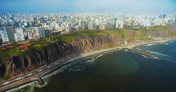 Aerial panoramic view of Miraflores district coastline in Lima, Peru.