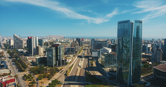 Aerial Panoramic view of San Isidro financial district in Lima, Peru during the summer