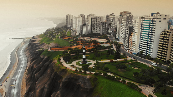 Panoramic aerial view of Miraflores district coastline in Lima, Peru during the summer