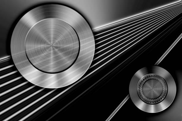 istock Abstract monochrome metallic background, brushed and engraved metal plate withlines and metallic circle buttons. 1257641772