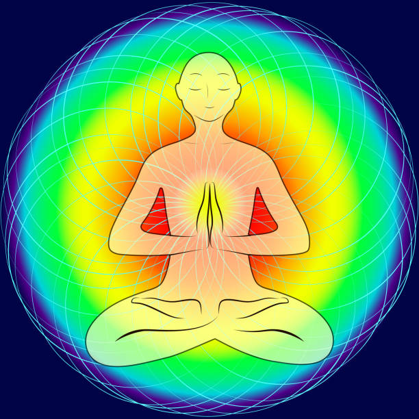 istock A meditating person in the Lotus position. Yoga class. Human energy, aura. Vector 1257645583