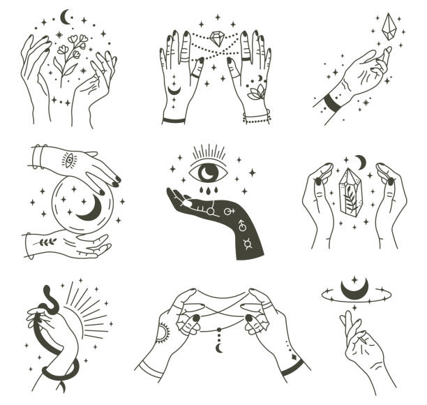 magiczne ręce. boho okultystyczna magiczna ręka, czarownica mistyczny symbol, czary ręcznie rysowane ramiona z księżyca i kryształu wektor ilustracji ikony zestaw - tatuaże z diamentami stock illustrations