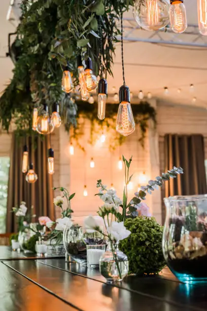 Photo of Festive wedding table with Garland of Edison bulbs hanging on laces, decorated by green flower branches. grainy effect