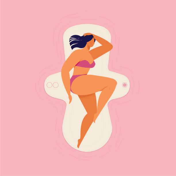 frau schläft auf einem großen pad. vektor-illustration auf rosa hintergrund. - menstruation stock-grafiken, -clipart, -cartoons und -symbole