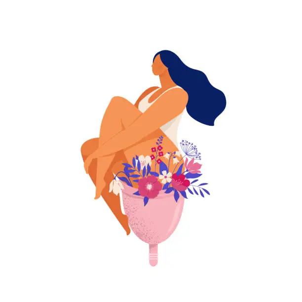 Vector illustration of Woman sitting on a huge menstrual cup with flowers and leaves. Eco protection for woman in critical days. Vector illustration on white background.