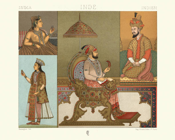 moden des mogulreiches, indisch, frauen, mann auf goldenem thron - mogal stock-grafiken, -clipart, -cartoons und -symbole