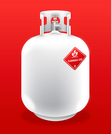 White propane tank with flammable gas sticker on the side.