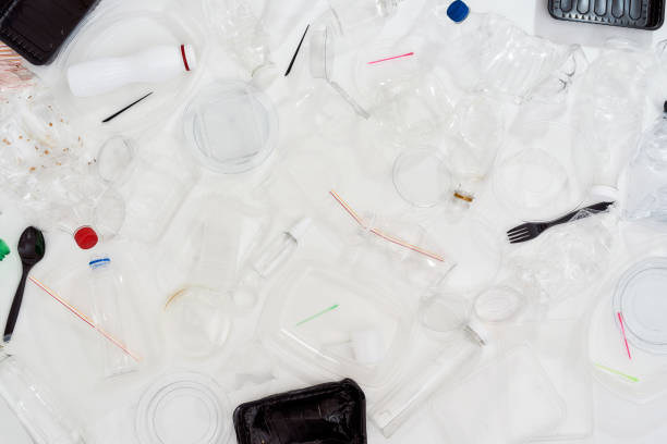 istock Flatlay composition with used plastic bottles, containers, forks, spoons, egg packaging, caps over white background 1257650405