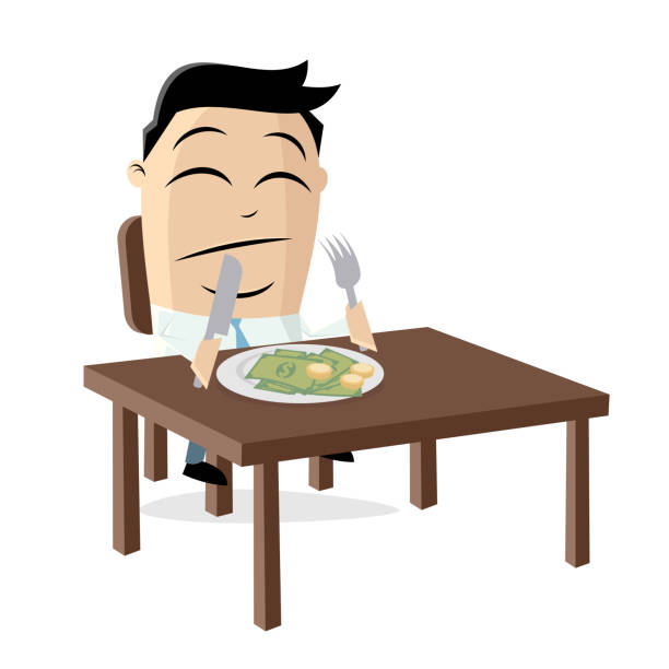 zabawna ilustracja z kreskówek bogatego azjatyckiego biznesmena, który musi jeść swoje pieniądze - dinner currency table business stock illustrations