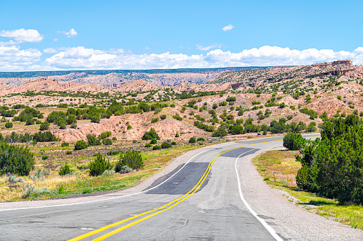 Landscape scenic drive from car point of view during summer from High Road to Taos famous trip near Chimayo and Santa Fe in New Mexico